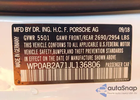 2018 Porsche Panamera 4S z USA, uszkodzony, nr VIN WP0AB2A71JL136806